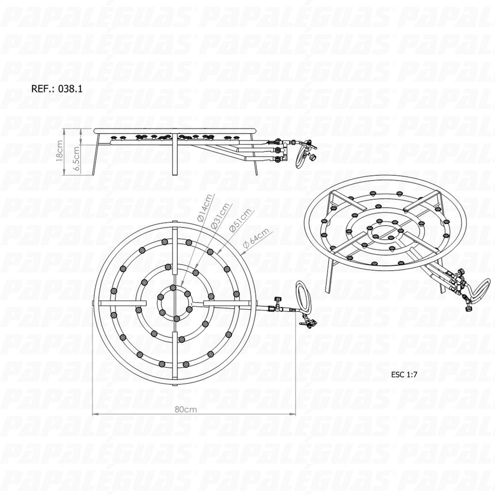 Fogareiro Papaléguas 3 Queimadores para Paella Cromado 64 cm