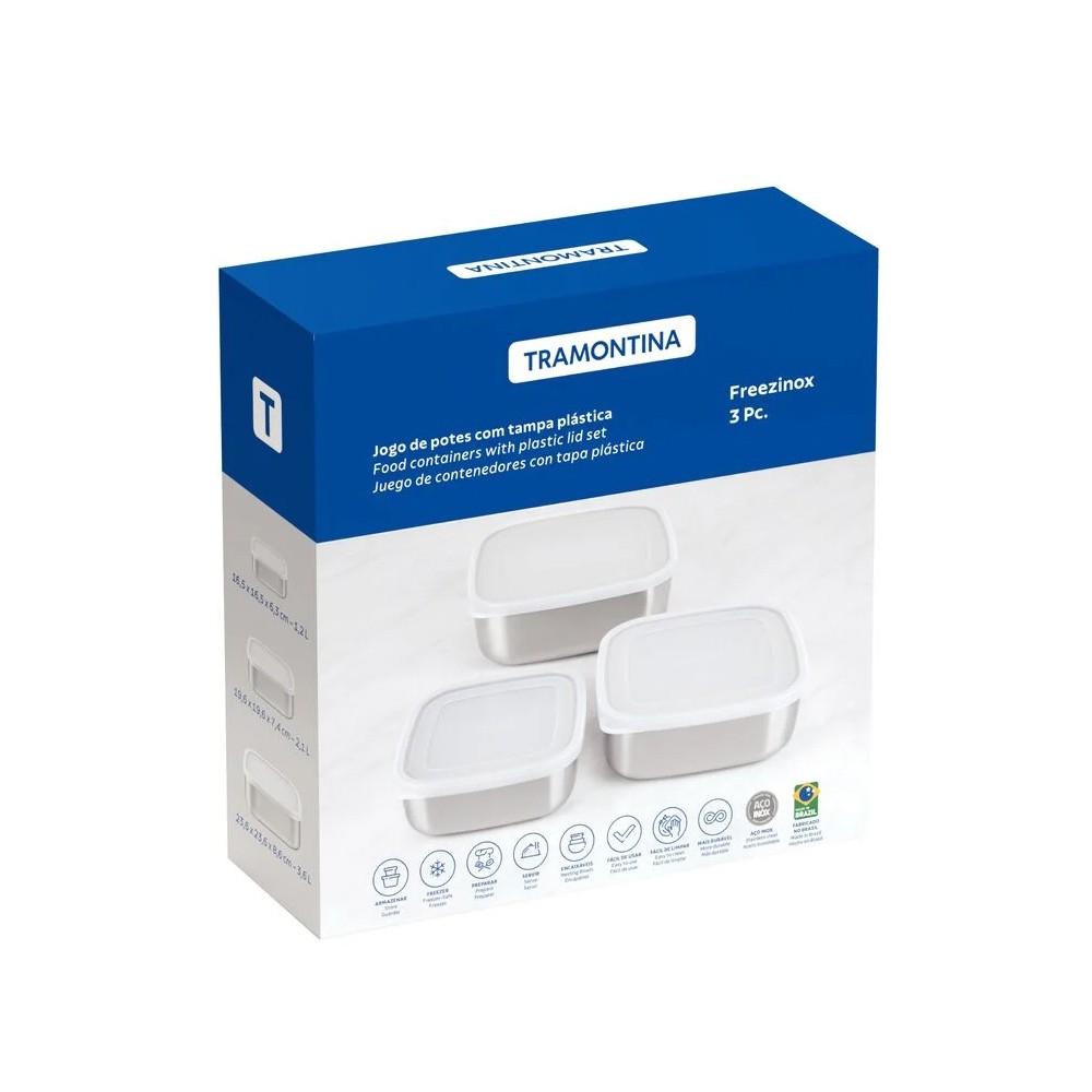 Jogo de Potes Quadrados Aço Inox com Tampa Freezinox 3 pcs - Tramontina